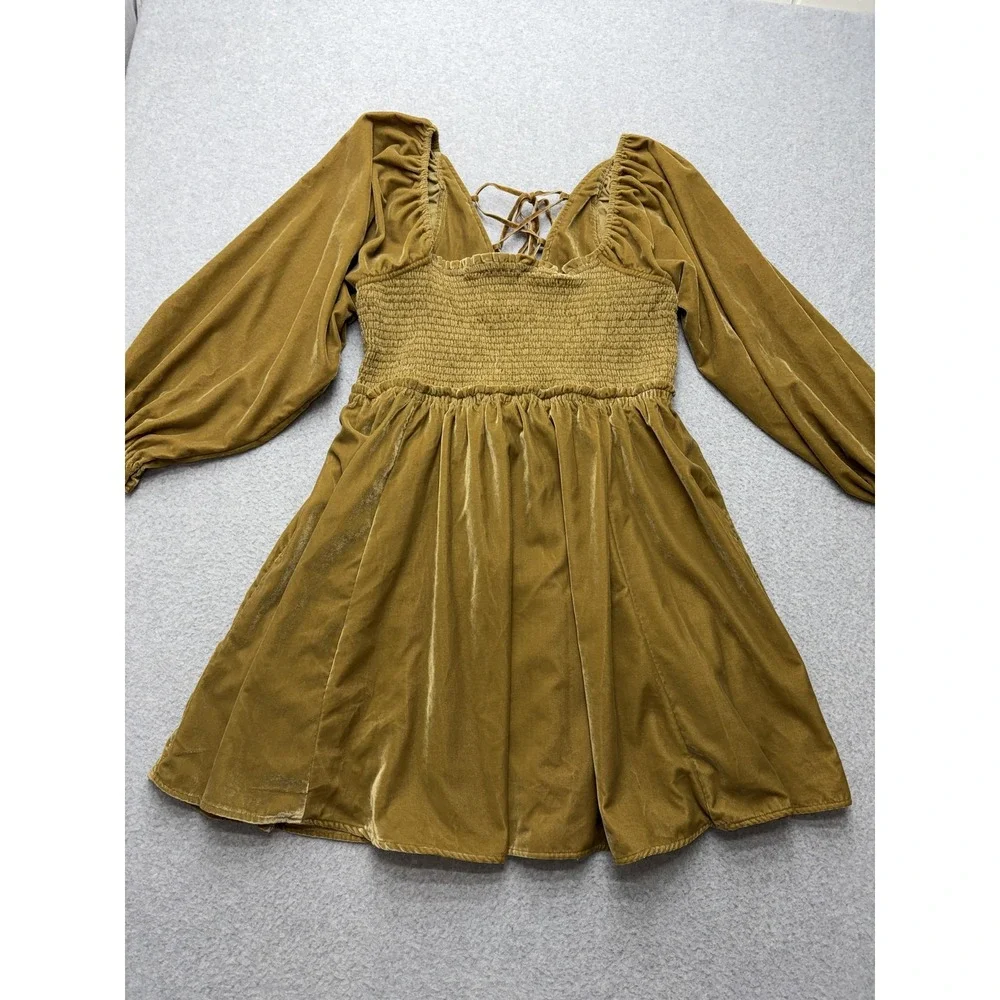 Free People Dress Womens Large Mustard Velvet Smocked Puff Sleeve Lace Up Back - Picture 4 of 15